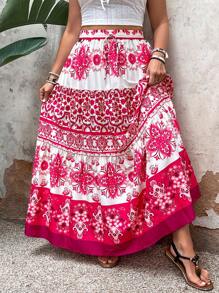 SHEIN VCAY Plus Size Women's  Printed Patchwork Skirt For Vacation And Leisure - Multicolor - View 1