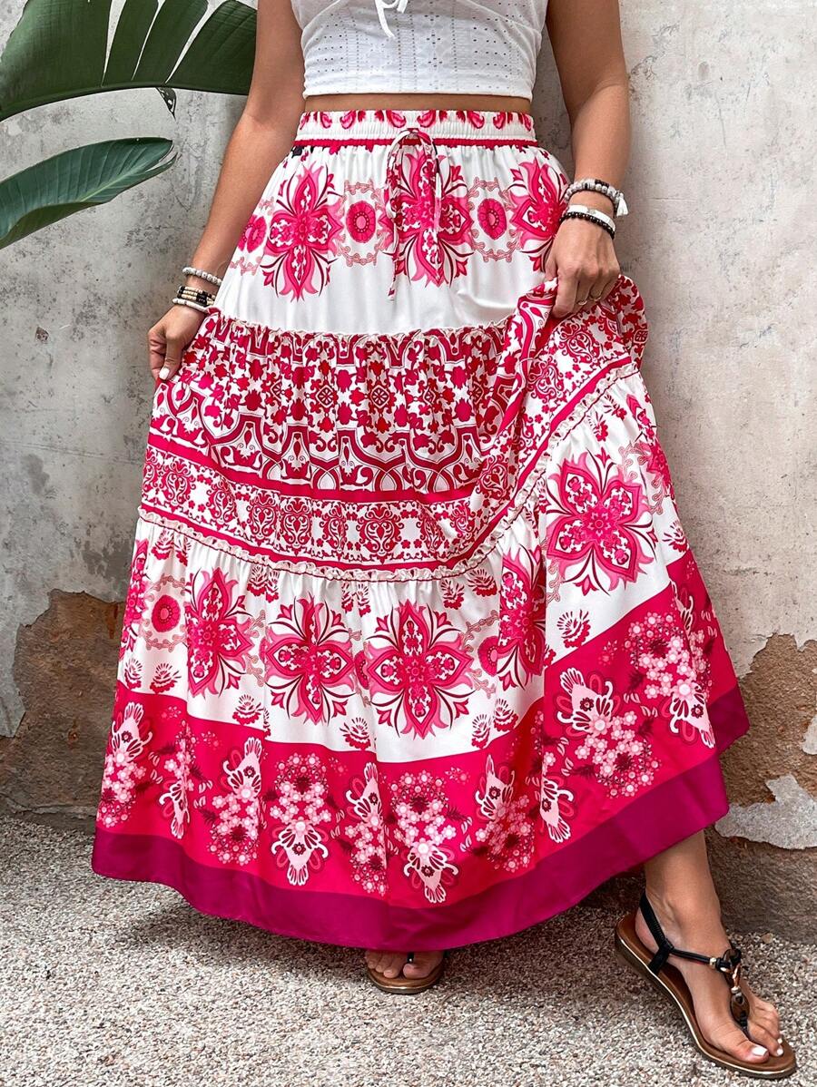 SHEIN VCAY Plus Size Women's Printed Patchwork Skirt For Vacation And Leisure - Multicolor - View 1