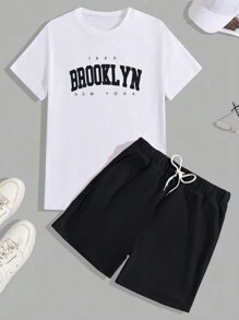 RueChic Camiseta regular com estampa de letras masculinas de algodão e short de duas peças