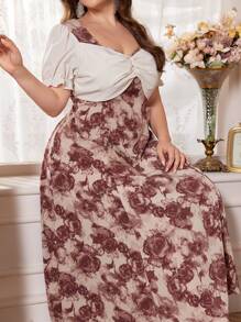 Modelyn Plus Size Women's Elegant Puff Sleeve Printed Summer Dress