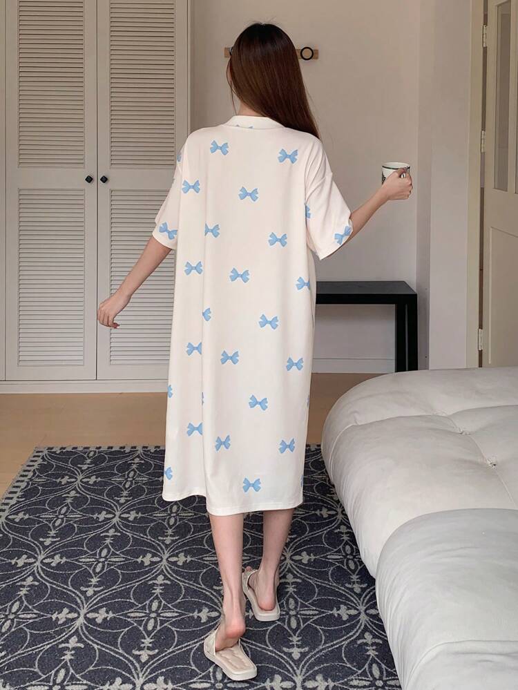 Bowknot Printed Open-Front Robe With Pockets, Loungewear Pajama