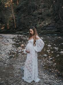 Maternity Lace Lantern Sleeve High Slit Photography Dress V-Neck Off-Shoulder Maxi Gown For Photoshoot