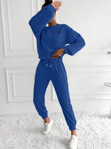 EURMUSE Women's Heart Shaped Pattern Drop Shoulder Sweatshirt And Jogger Pants Set - Blue - View 4
