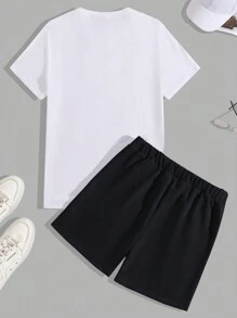 RueChic Camiseta regular com estampa de letras masculinas de algodão e short de duas peças
