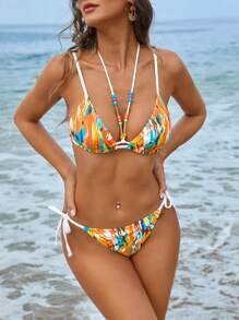 SHEIN Swim Conjunto de bikini sexy de cuello de halter con efecto tie-dye para mujeres, ideal para vacaciones, playa y verano