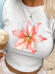 SHEIN EZwear Áo thun nữ cổ tròn tay ngắn họa tiết hoa loa kèn hồng đơn giản, màu trắng, thích hợp cho mùa hè, chất liệu cotton pha trộn - trắng - Xem 1