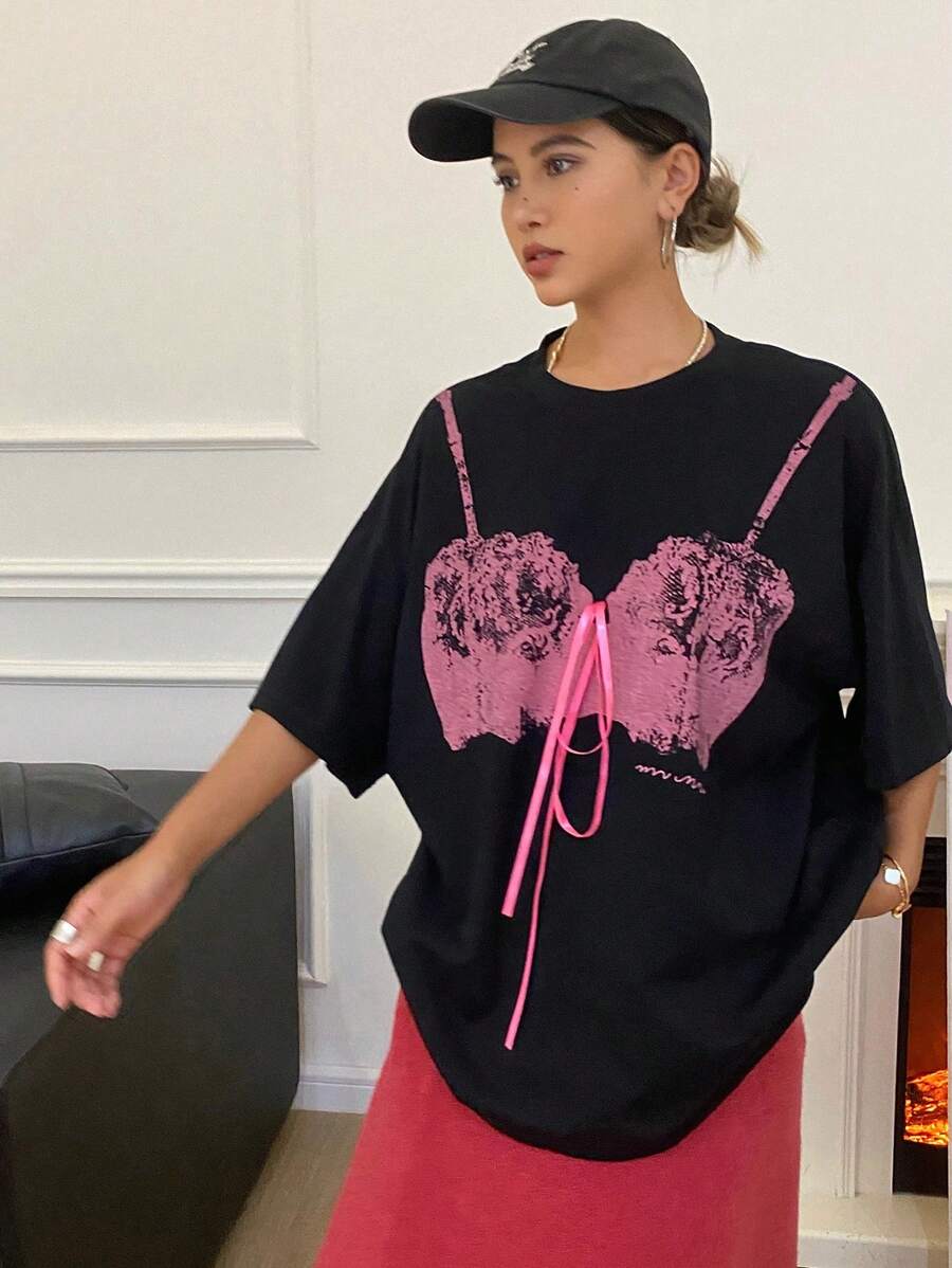 DAZY 女式夏季印花圆领落肩宽松图案T恤超大码T恤 - 黑色 - 查看 1