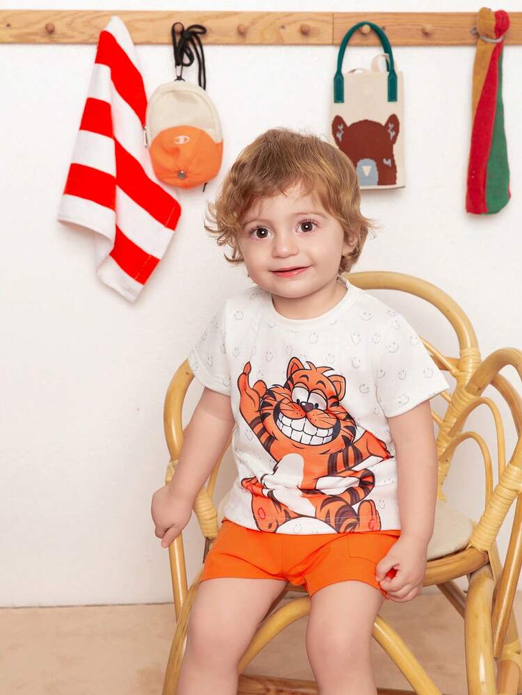 2pcs Baby Boys' Casual Cute Tiger Pattern Printed Outfit Set For Daily Wear And Home, Spring/Summer