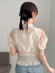 FRIFUL 女士夏季純色綁帶網紗短泡泡袖優雅上衣 - 杏色 - 查看 5