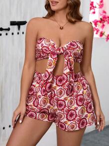 SHEIN VCAY Conjunto de 2 piezas de verano en la playa y festival de música para mujeres de talla grande con parte superior de banda rosa impresa y pantalones cortos con tiras atadas