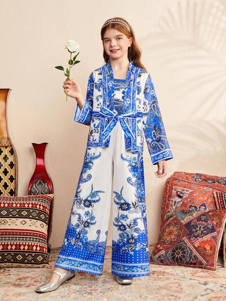 3pcs/Set Tween Girls' Loose Cute Jacket, Camisole And Pants Outfit