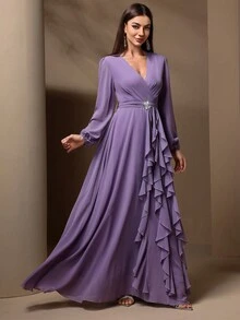 Women's Summer Long Sleeve Draped Ruffle Dress With Rhinestone Decor, Elegant Party Dress - Blue - View 4