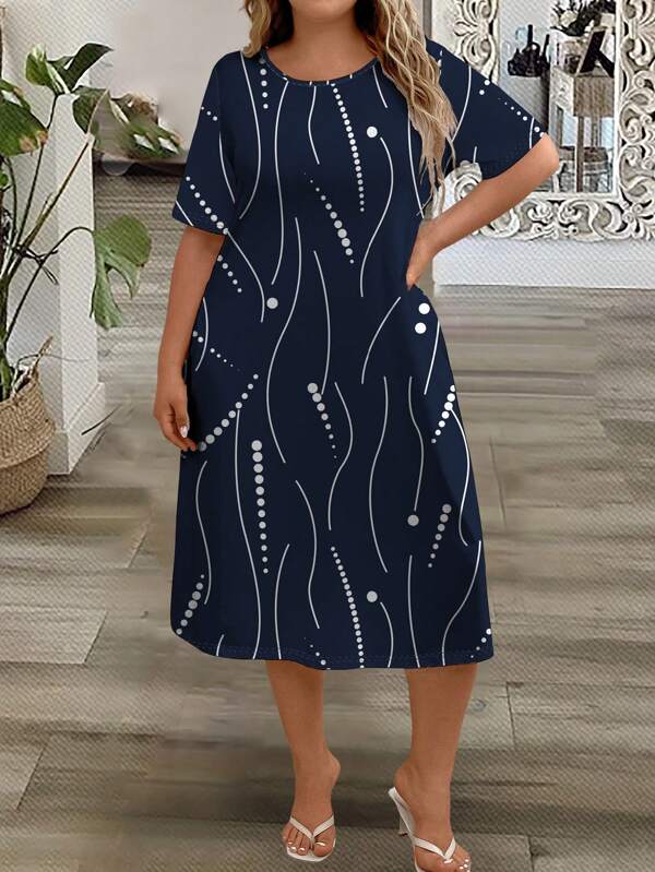 EMERY ROSE Vestido casual y sencillo de talla grande con cuello redondo estampado, adecuado para verano