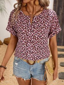 SHEIN LUNE Romantic Pink Floral Women's Shirt - Black - View 4