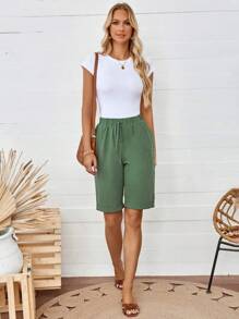 SHEIN LUNE Shorts informales para mujer en color verde con bolsillos estilo bermuda - Verde - Ver 6