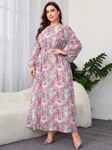 Al Najma 大码圆领花卉印花长袖朴素连衣裙 - 彩色 - 查看 3