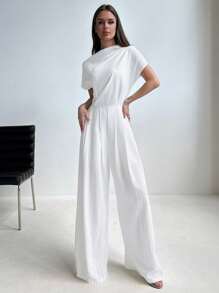 Aloruh Elegante mono francés de pierna ancha con cintura fruncida, cuello alto y longitud hasta el suelo, perfecto para lucir una figura alta y esbelta en la oficina y en el viaje diario