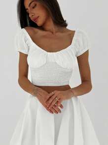 Aloruh Women's Crop Sleeve Square-Necked Puff Sleeve Crop White Shirt For A Romantic Date - White - View 1