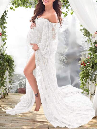 孕妇蕾丝灯笼袖高开叉摄影连衣裙 V 领露肩长裙适合拍照