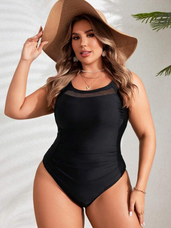 Swim Lushoire Plus Size Women's Plain Simple Daily One-Piece Swimsuit,Summer Beach