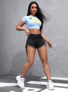 SHEIN EZwear Short en jean pour dames avec ourlet déchiré, poche latérale, nœud avant à œillets - Noir - Voir 6