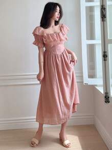 DAZY Robe d'été à manches volantées de couleur unie à la mode pour femmes, robe longue d'automne - Rose bonbon - Voir 1