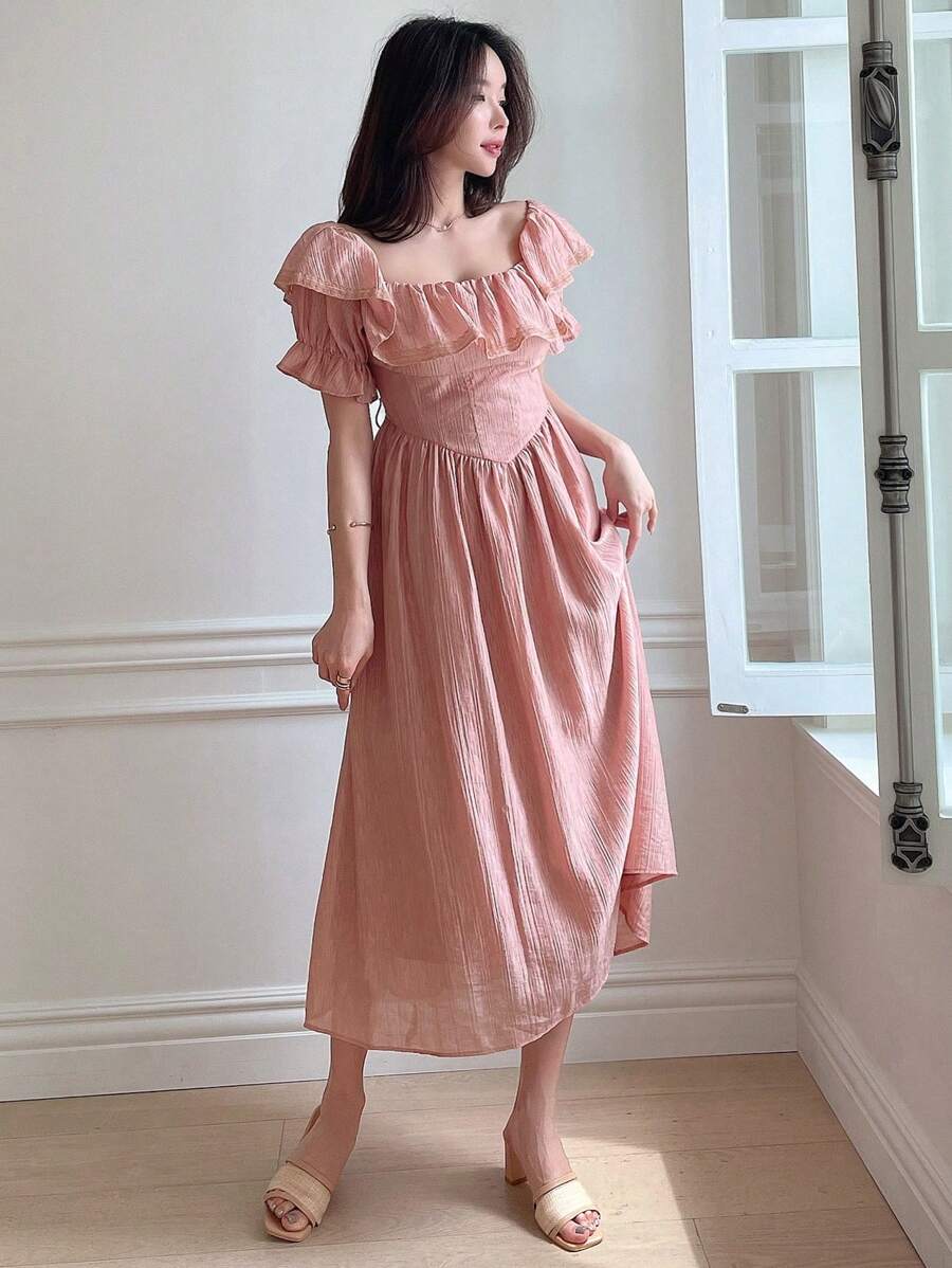 DAZY Robe d'été à manches volantées de couleur unie à la mode pour femmes, robe longue d'automne - Rose bonbon - Voir 1