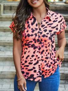 SHEIN LUNE Große Größen Modisches Kurzarmhemd Mit V-ausschnitt Und Leopardenmuster Für Damen - Orange - Übersicht 3