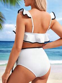 SHEIN Maternity Contrast Binding Ruffle Trim Bikini Set, Summer Beach - Black and White - View 2