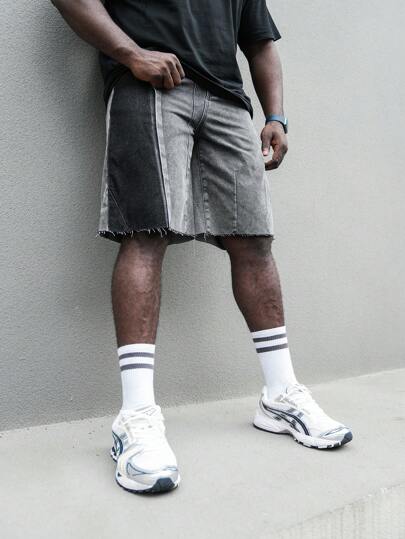 Manfinity Homme Men's Plus Size Color Block Frayed Hem Casual Denim Shorts, 5 Inches