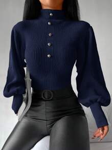 EURMUSE Mock Neck Lantern Sleeve Half Button Sweater - Black - View 3