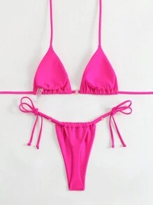 SHEIN Swim Ensemble bikini femme, de couleur unie avec col ras-du-cou et bas en string, parfait pour des vacances à la plage