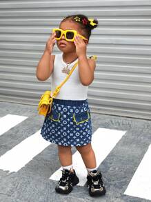 SHEIN Wildeya 3pcs Baby Girls' Denim Top, Short-Sleeve T-Shirt And Skirt Set With Color-Blocking And Full Print Pattern, Fashionable