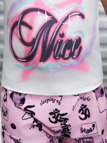 SHEIN Explorewe Sommer Neue Straßenmode Baby Mädchen gespleißt geripptes Tank Top ohne Ärmel mit Off-Shoulder Design, digitalem Muster und gewebter rosa Lässsig hose, 2-teiliges Outfit - Pink - Übersicht 3