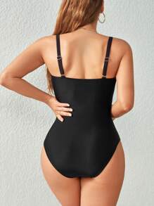 Swim DD+ 女士單色中空連肩帶泳衣，夏季海灘風情 - 黑色 - 查看 2