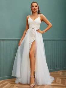 Lace Spaghetti Strap V-Neck Tulle Wedding Dress With Detachable Train And High Waist Long Dress For Bride - Apricot - View 3