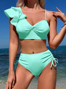 SHEIN Swim Conjunto de biquíni emendado de cor sólida feminina com babados, torção e conjunto de biquíni separado para férias, praia de verão - Baby Azul - Ver 7