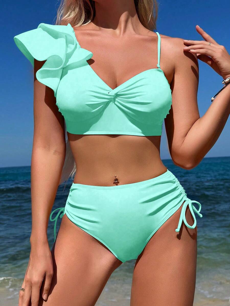 SHEIN Swim 女士纯色拼接比基尼套装，带褶边、扭纹和分离式比基尼套装，适合度假、夏季海滩 - 淺藍色 - 查看 1