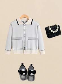 SHEIN Tween Boy Contrast Trim Button Up Cardigan - Beige - View 1