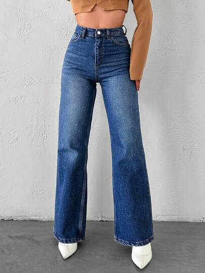 EURMUSE Calça Jeans Cintura Alta Com Perna Reta