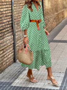 Breezaya Women Summer Floral Print Lantern Sleeve Shirt Dress With Ruffle Hem, Vacation Style