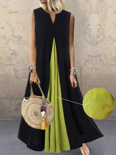 EMERY ROSE 女式夏季无袖休闲拼色连衣裙，V 领，超长女装