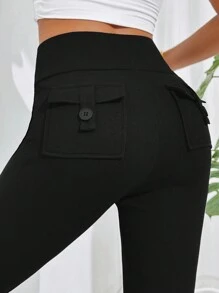 SHEIN Essnce Leggings pour femmes décontractés à taille large et poches retournées de couleur unie