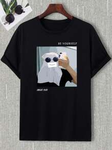 T-shirt d'été à manches courtes et ample à la mode pour hommes avec impression de slogan et personnage, col rond