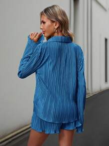 SHEIN Essnce Women's Solid Color Drop Shoulder Long Sleeve Pleated Shirt And Shorts Casual 2pcs/Set For Spring/Summer