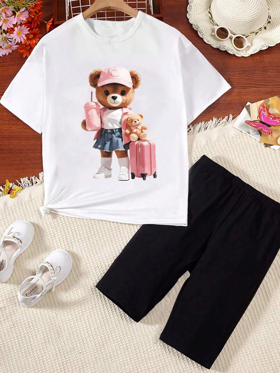 SHEIN Tween Girl Casual T-Shirt And Tight Shorts Set