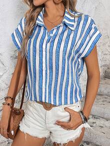 SHEIN LUNE Women's Striped Print Drop Shoulder Short Sleeve Shirt - Blue and White - View 7