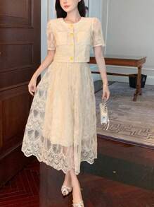 DAZY 春夏女士优雅派对蕾丝随意剪裁连衣裙舞会礼服太阳裙 - 米色 - 查看 6