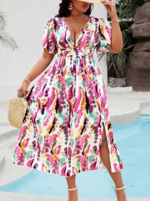 SHEIN Clasi 大尺碼女士綁染印花束腰開叉連衣裙 - 彩色 - 查看 6
