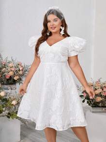 SHEIN Belle Plus Size Organza Burnt Flower Fabric Princess Bubble Sleeve Grab Pleated Deep V Neck A Swing Simple White Short Wedding Dress Cocktail Party Giveaway  Gowns